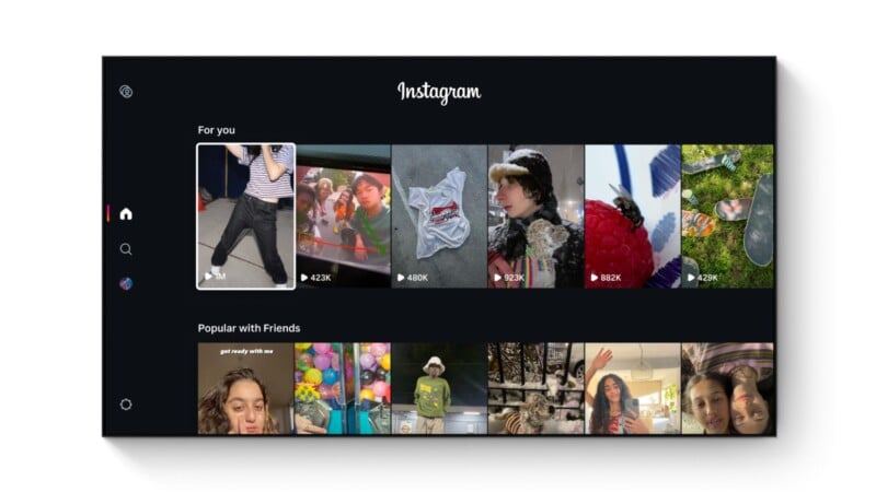 Instagram interface on a dark background, showing a row of recommended posts at the top with videos and photos, and a row of posts labeled "Popular with Friends" at the bottom. Home icon is highlighted on the sidebar.