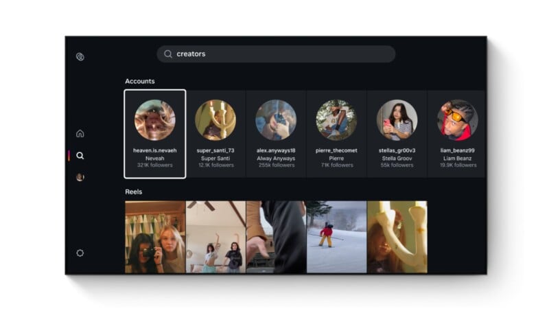 A dark-themed social media search screen shows a search for "creators," displaying user profile circles with names and follower counts, and a grid of photo and video thumbnails below.