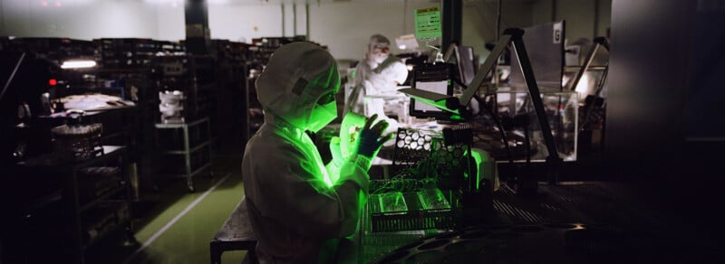 A worker in a cleanroom suit examines equipment under bright green light, surrounded by laboratory devices. Another worker in similar attire is visible in the background, working in a dimly lit high-tech lab.