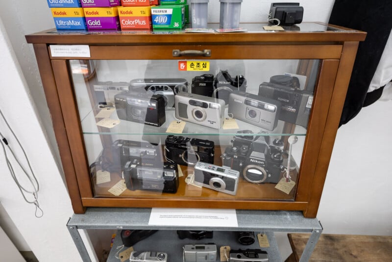 A wooden display case with shelves holding various vintage film cameras. Boxes of Kodak film are stacked on top, and each camera has a small tag attached. The case sits on a metal table against a white wall.