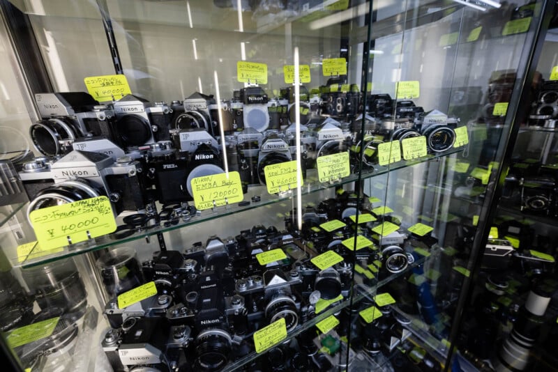 A glass display case filled with vintage Nikon film cameras and lenses, each labeled with yellow price tags written in Japanese. The shelves are densely packed with camera bodies and accessories.