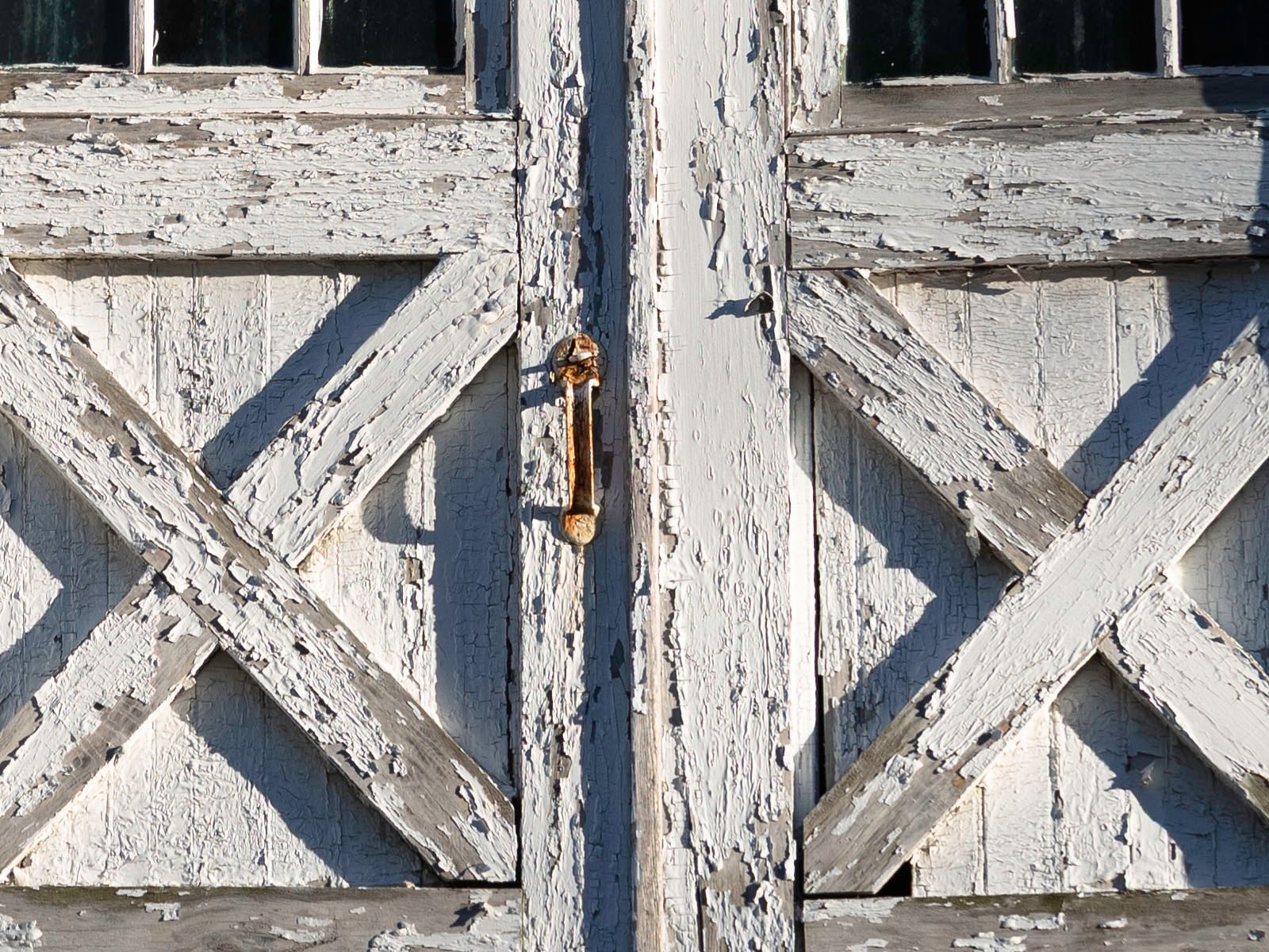 Close-up of weathered double wooden doors with peeling white paint, crossed “X” bracing details, and a rusty metal handle in the center, showing signs of age and deterioration.