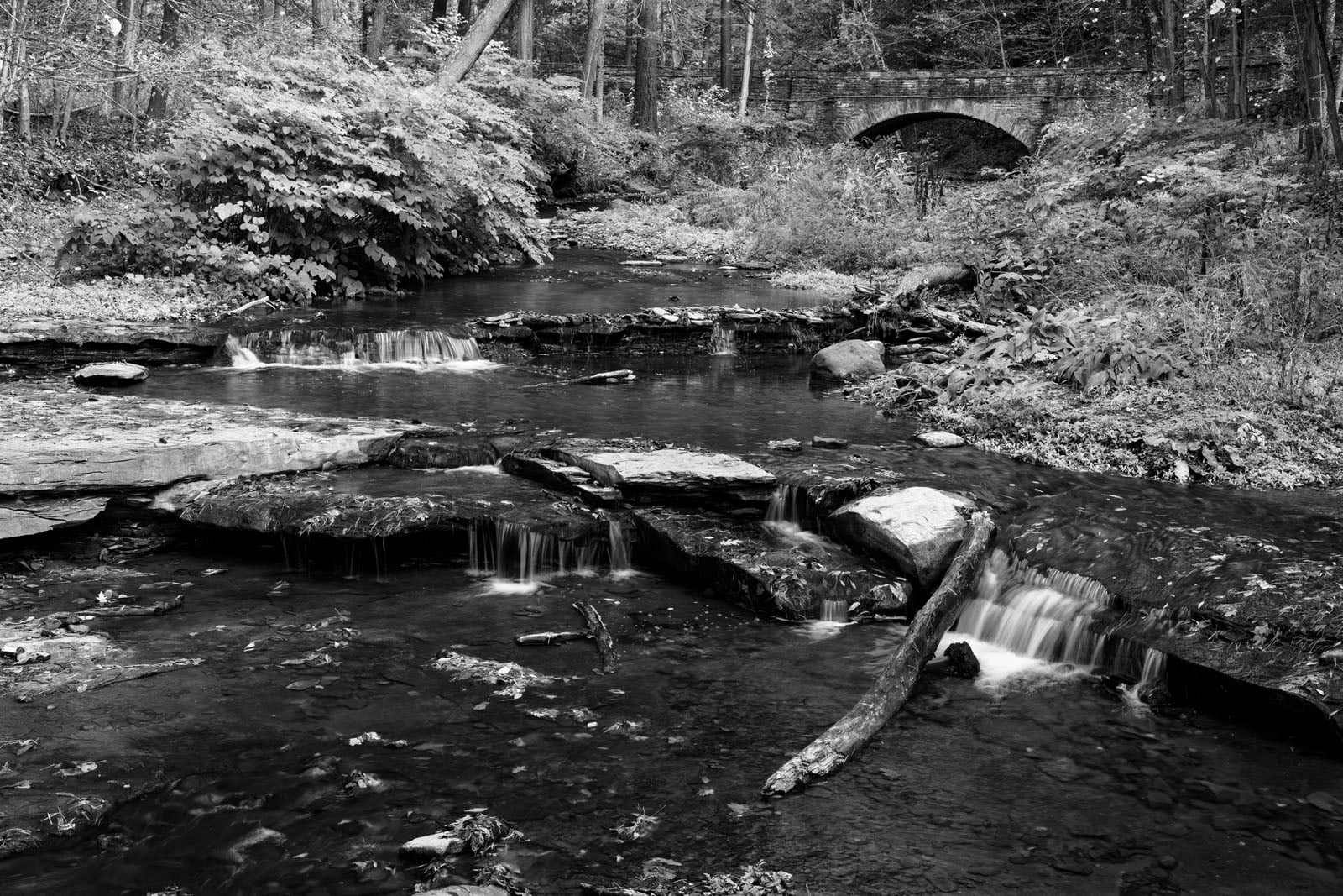 A black and white photo of a tranquil forest stream flowing over rocks and small waterfalls, with dense foliage on both sides and a stone arch bridge in the background.