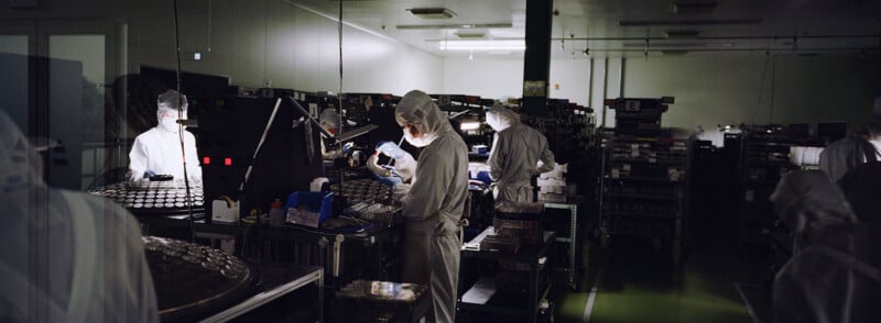 Workers in white protective suits and hairnets operate equipment and inspect materials in a dimly lit, high-tech manufacturing or laboratory facility filled with machinery and supplies.