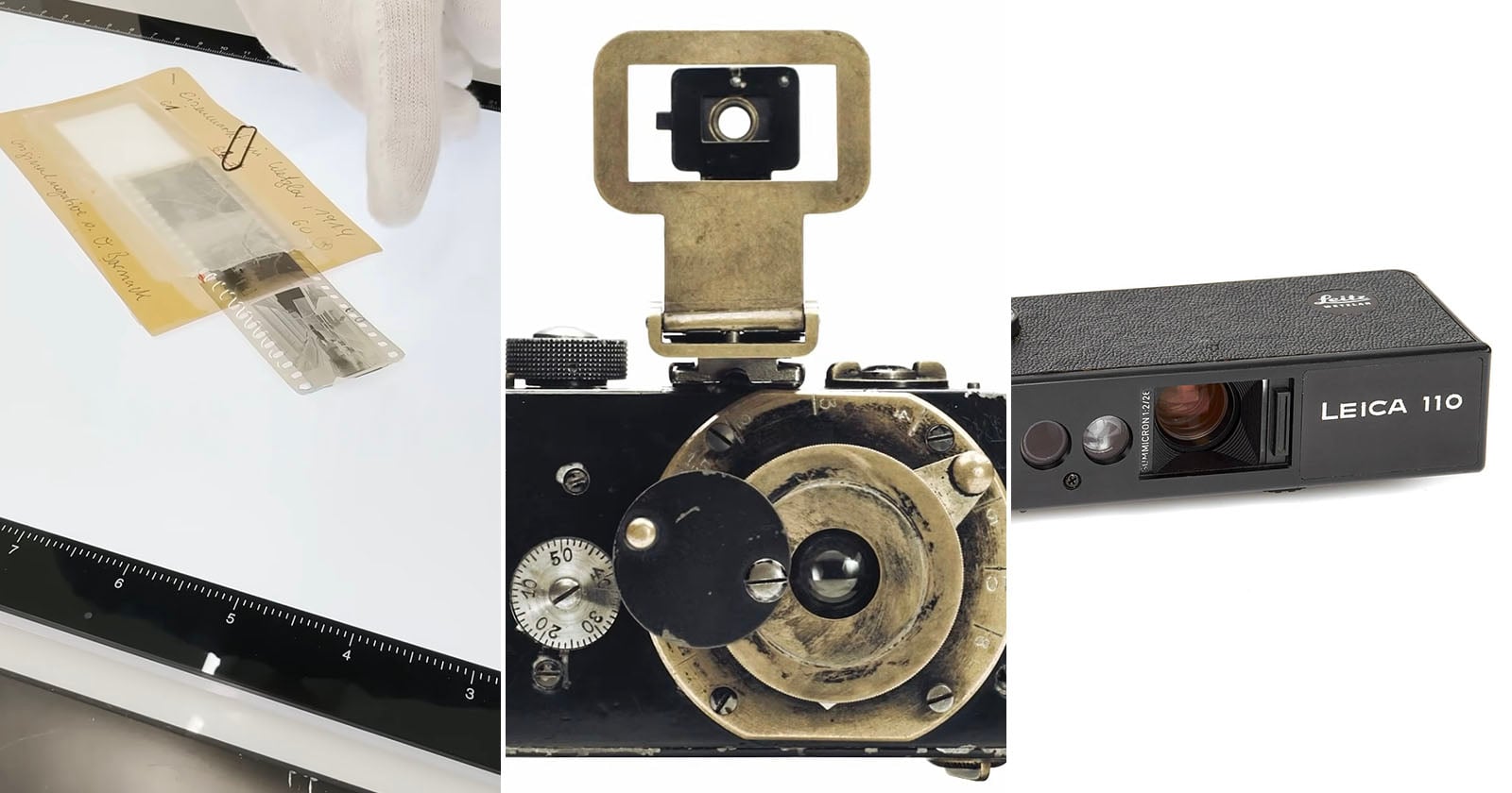 A collage of three images: a gloved hand examining a photo with a ruler, a close-up of a vintage camera viewfinder and lens, and a black Leica 110 camera showing its lens and viewfinder.