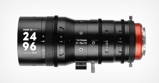 A 7Artisans 24-96mm T2.9 cine lens with a Super 35 format. The lens features various focus, aperture, and zoom rings, along with numerical markings on the side for precise adjustments. Its sleek black design is accented with a vibrant red ring at the mount end.