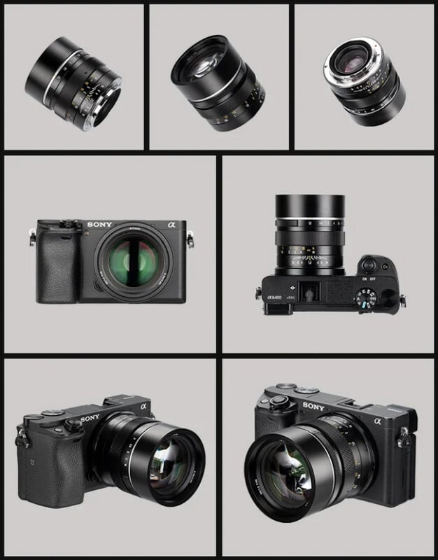 A collage shows a camera lens from various angles and mounted on a Sony Alpha camera, highlighting different perspectives of both the lens and the camera body.