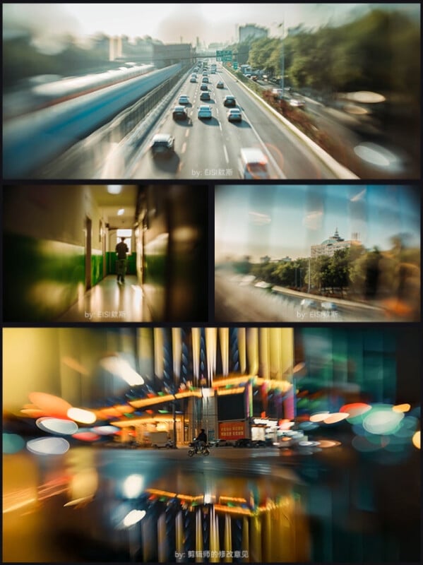 A collage of four urban scenes with a radial blur effect: a busy highway, a person walking in a hallway, a cityscape with trees and buildings, and a vibrant, colorful street at night.