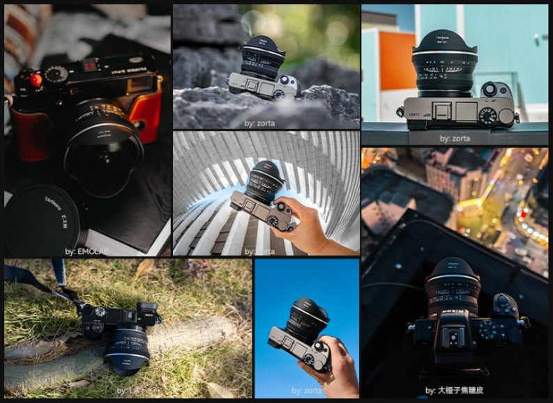 A collage of seven photos features various Sony mirrorless cameras, each equipped with a wide-angle lens, displayed in outdoor and urban environments from different angles and lighting conditions.