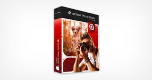 A software box for ACDSee Photo Studio for Mac 8 features a photo of a man taking a picture with a camera, and a dog in the background, on a red and white geometric design.