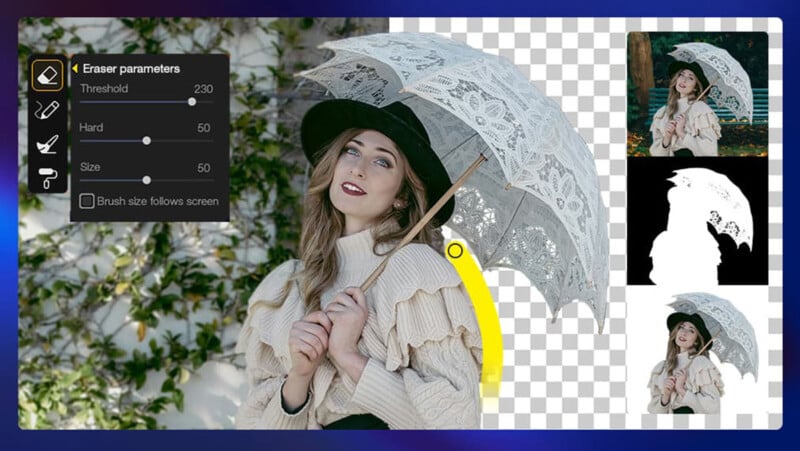 A woman in a hat and sweater holds a lace umbrella. Editing tools and eraser settings are shown on the left, with transparency and cutout previews on the right side of the image.