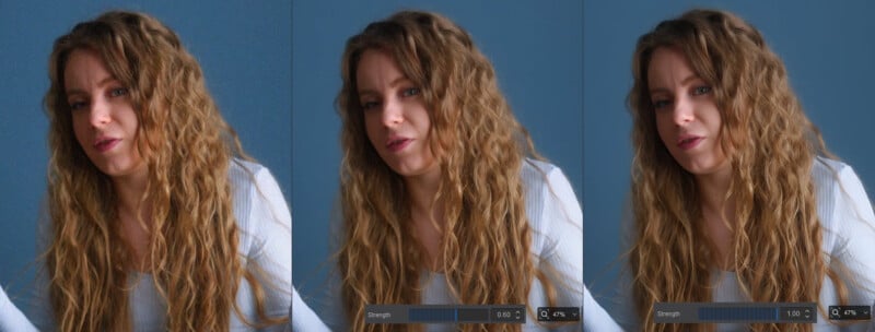 A woman with long curly hair and a white top is shown three times against a blue background, each image varying in sharpness and clarity, with adjustment sliders visible at the bottom of the second and third images.