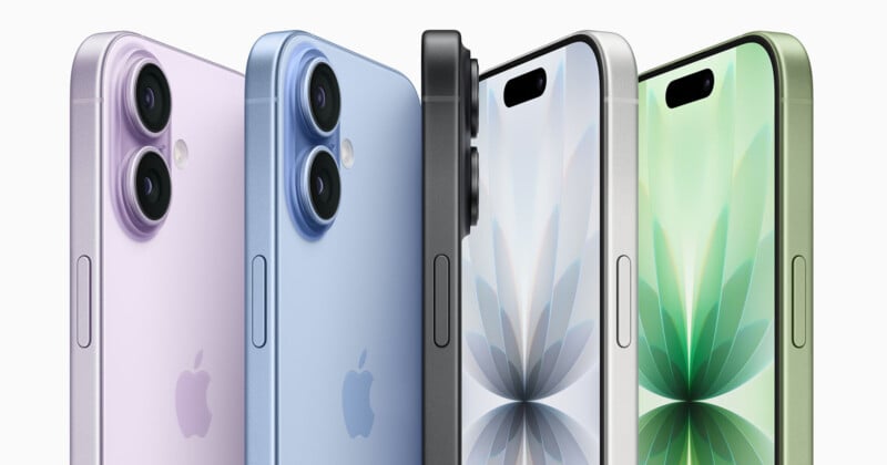 Five iPhones in different colors—purple, blue, black, green, and yellow—are shown standing upright, highlighting the rear cameras and side buttons. Two display floral-themed wallpapers on their screens.