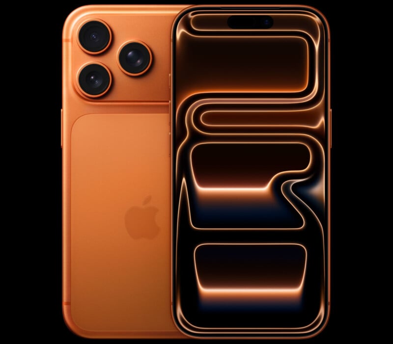 An orange smartphone with three rear cameras and an Apple logo, shown from the back and front. The screen displays a glowing abstract pattern with orange and black curved lines.