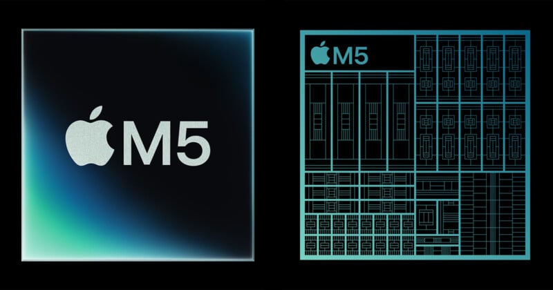 A graphic showing the Apple M5 chip logo on the left, with a stylized, teal-colored diagram of the M5 chip’s internal architecture on the right, both set against a black background.