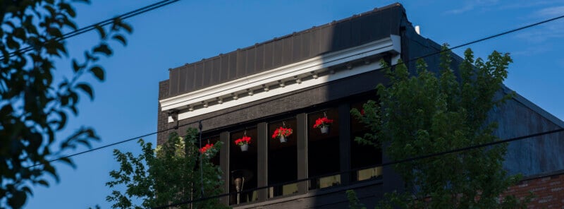 A modern building facade with dark trim features red flowers in hanging pots on a balcony, partially framed by leafy green trees and overhead power lines against a blue sky.