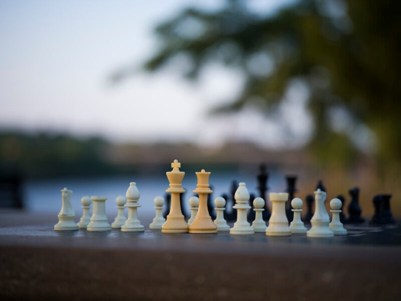 A close-up of white chess pieces lined up on a wooden surface outdoors, with a blurred background of trees and water.