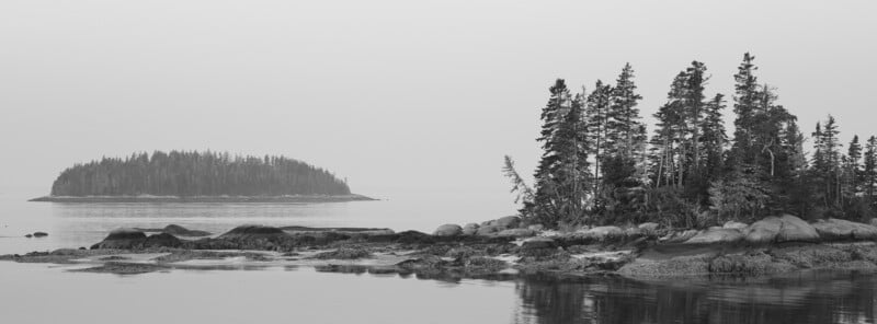 A black-and-white photo of a calm seascape with rocky shores, tall evergreen trees on the right, and a small forested island in the distance under a hazy sky.