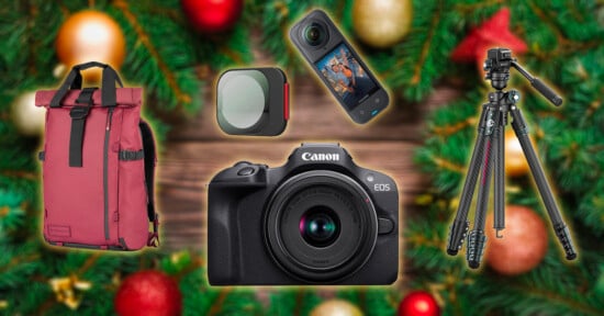 A collage showing a red backpack, a camera lens cover, an action camera, a tripod, and a Canon EOS camera, all placed over a festive background with green pine branches and red and gold ornaments.