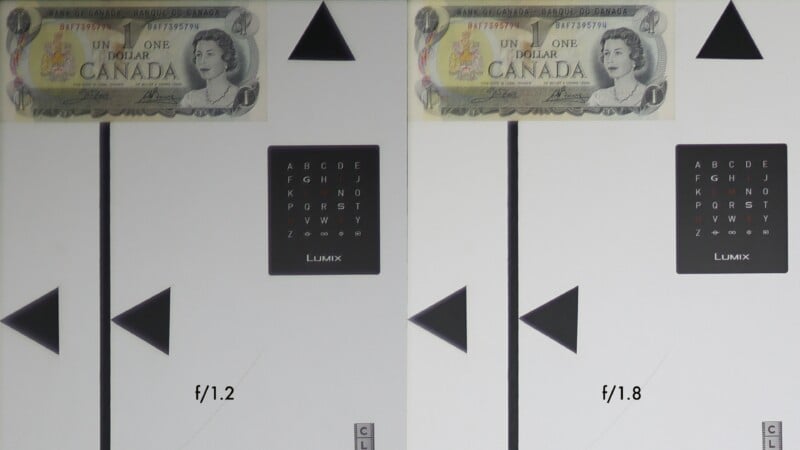 Side-by-side comparison of two test charts with a Canadian one-dollar bill and lens aperture settings labeled f/1.2 on the left and f/1.8 on the right, showing differences in image sharpness and brightness.