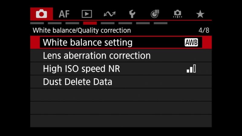 Camera menu screen displaying options: White balance setting (AWB), Lens aberration correction, High ISO speed NR, and Dust Delete Data, with White balance setting highlighted in red. Various icons are shown at the top.