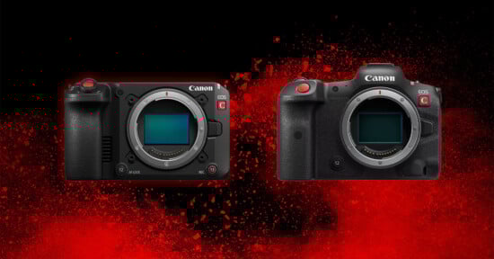Two Canon mirrorless camera bodies are displayed side by side against a black background with red splatter. The cameras are shown without lenses, revealing their sensors.