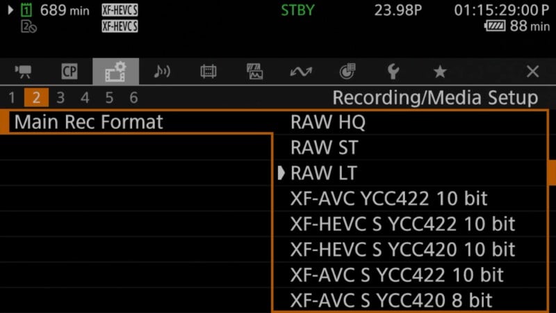 A camera menu screen shows the “Main Rec Format” options, including RAW HQ, RAW ST, RAW LT, and various XF-AVC S YCC420/422 10 bit formats. The menu is part of the Recording/Media Setup section.