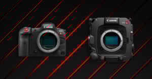 Two Canon EOS cinema cameras without lenses are displayed side by side against a black background with red diagonal lines. The camera on the left is more compact, while the one on the right is larger and boxier.