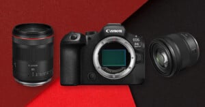 A Canon EOS R6 camera body is displayed between two Canon RF camera lenses, all set against a textured red and black background.