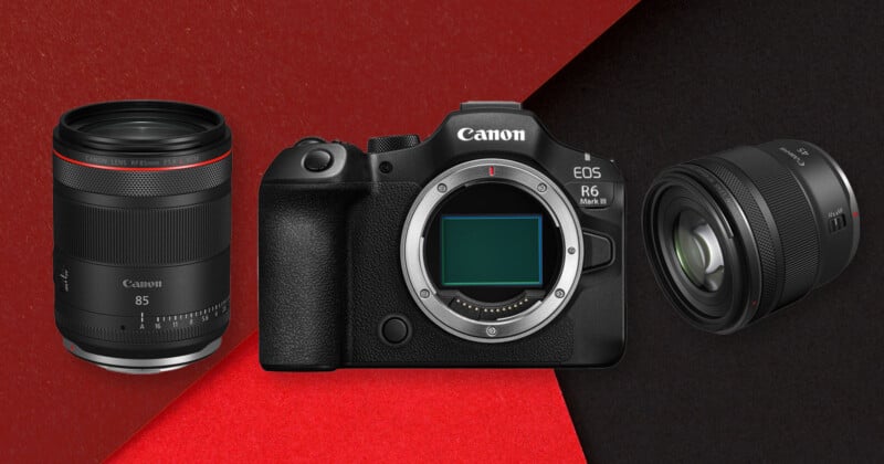 A Canon EOS R6 camera body is displayed between two Canon RF camera lenses, all set against a textured red and black background.