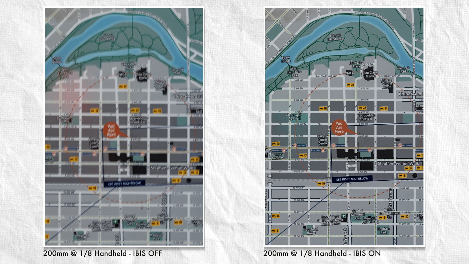 Side-by-side comparison of two photos of a city map: the left image is blurry with “IBIS OFF” label, and the right image is sharp and clear with “IBIS ON” label, demonstrating image stabilization.
