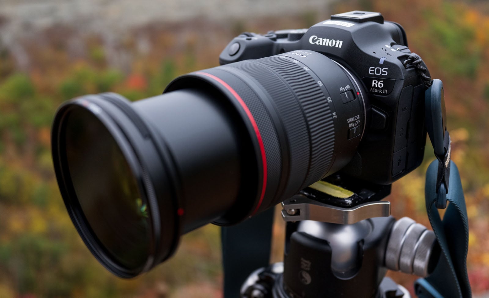 A Canon EOS R6 digital camera with a large zoom lens mounted on a tripod, set up outdoors with blurred greenery in the background.