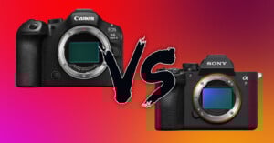 A Canon EOS R6 Mark II camera and a Sony Alpha 7 camera are shown side by side with a bold "VS" in the center, set against a red and purple gradient background.
