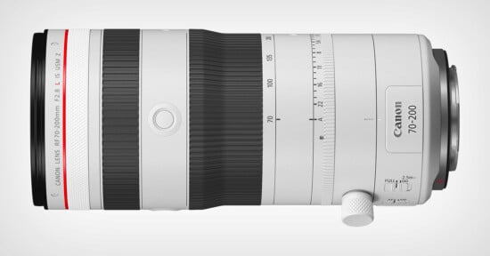 A white Canon RF 70-200mm f/2.8 L IS USM telephoto lens with zoom and focus rings, a white tripod collar, and a silver mount, set against a light gray background.