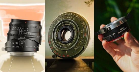 Three different camera lenses are shown: a black tilt lens with numbered dials, a vintage lens with green and yellow markings, and a compact modern lens adapter held in someone's hand.