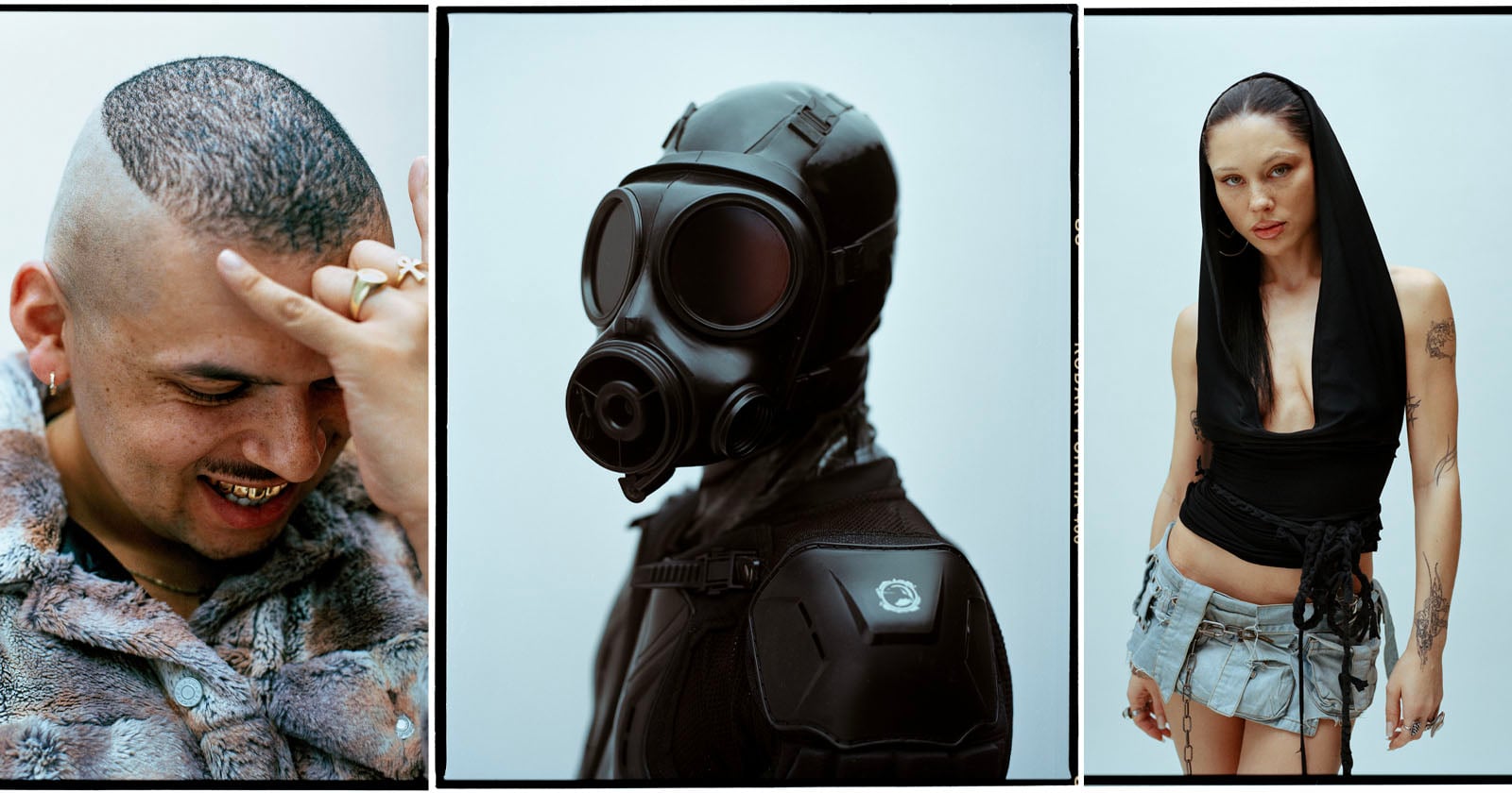A triptych showing: a smiling person with a shaved head and rings, a person wearing a black gas mask and outfit, and a person in a black hooded top and denim shorts with tattoos on their arm.