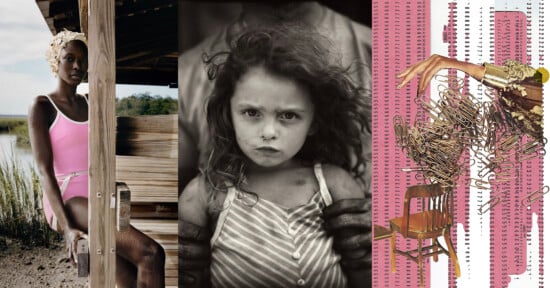 A collage of three images: a person in a pink swimsuit seated outdoors, a black-and-white portrait of a girl with curly hair in a striped top, and an abstract artwork featuring a chair, paperclips, and a hand emerging from a floral design.