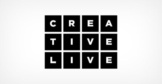 A grid of twelve black squares on a white background spells out "CREATIVE LIVE" in bold white letters, with one letter in each square.