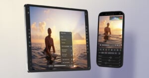 A tablet and smartphone display the same photo editing app. The screen shows a person in the ocean at sunset, with editing tools and adjustment sliders visible on both devices.