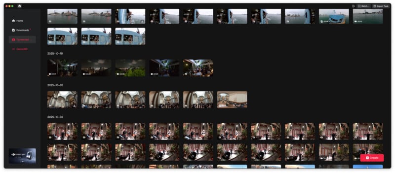 A computer screen displays a media library interface with thumbnails of various photos and videos organized by date, a sidebar with menu options on the left, and a red "Create" button in the lower right corner.