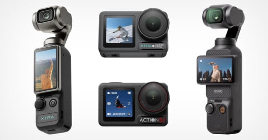 Four compact action cameras are displayed against a white background. Two are small handheld gimbal cameras, and two are rectangular action cameras, each with a small screen showing different outdoor scenes.