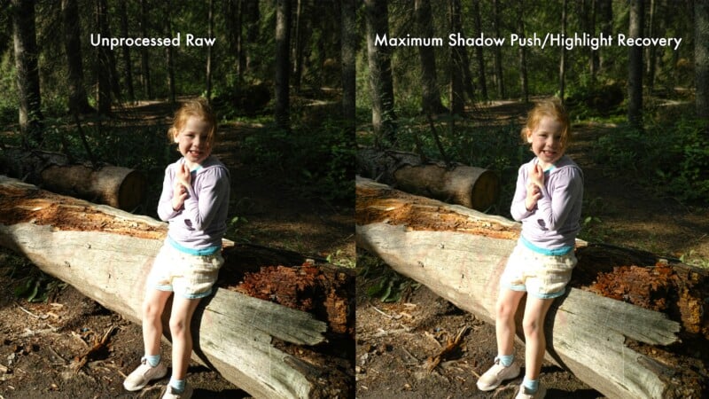 Side-by-side comparison of a young girl sitting on a log in a forest; left image is dark (“Unprocessed Raw”), right image is brighter with more visible details (“Maximum Shadow Push/Highlight Recovery”).
