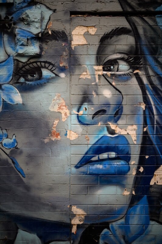 A mural of a woman's face painted in shades of blue on a brick wall, with peeling paint revealing patches of the underlying surface. Blue flowers and detailed features highlight the expressive portrait.
