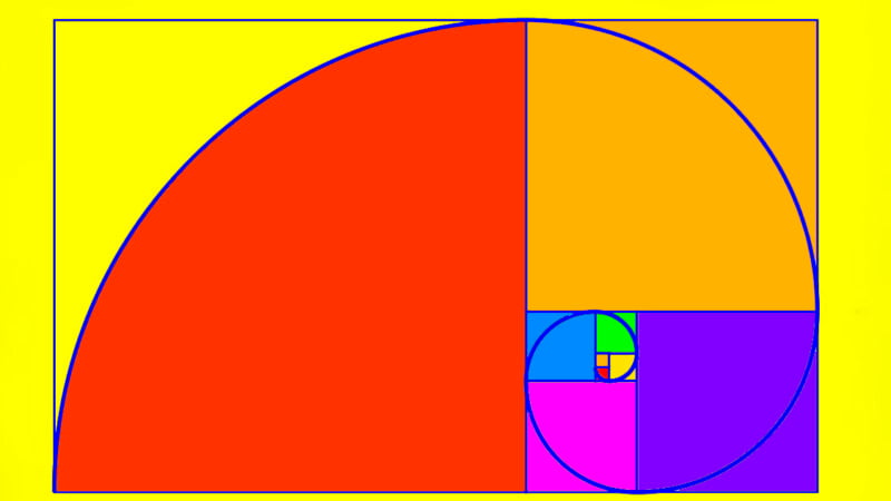 A colorful diagram of the golden spiral overlaid on golden rectangles. The background is yellow, with sections in red, orange, blue, green, pink, and purple, each representing parts of the spiral sequence.