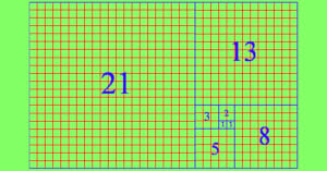 A grid with red lines on a green background, featuring blue Fibonacci numbers (1, 1, 2, 3, 5, 8, 13, 21) scattered across different squares, with numbers increasing in size.