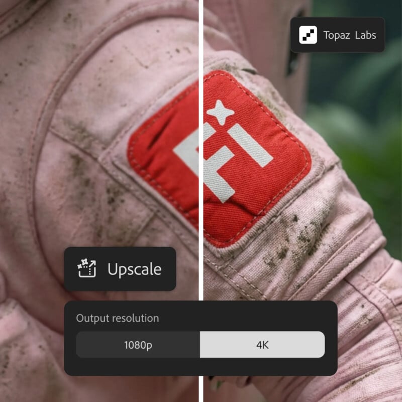 Split image showing a close-up of a patch on a pink sleeve, with the left side blurry and the right side sharp. Icons on the image indicate upscaling from 1080p to 4K quality using Topaz Labs.