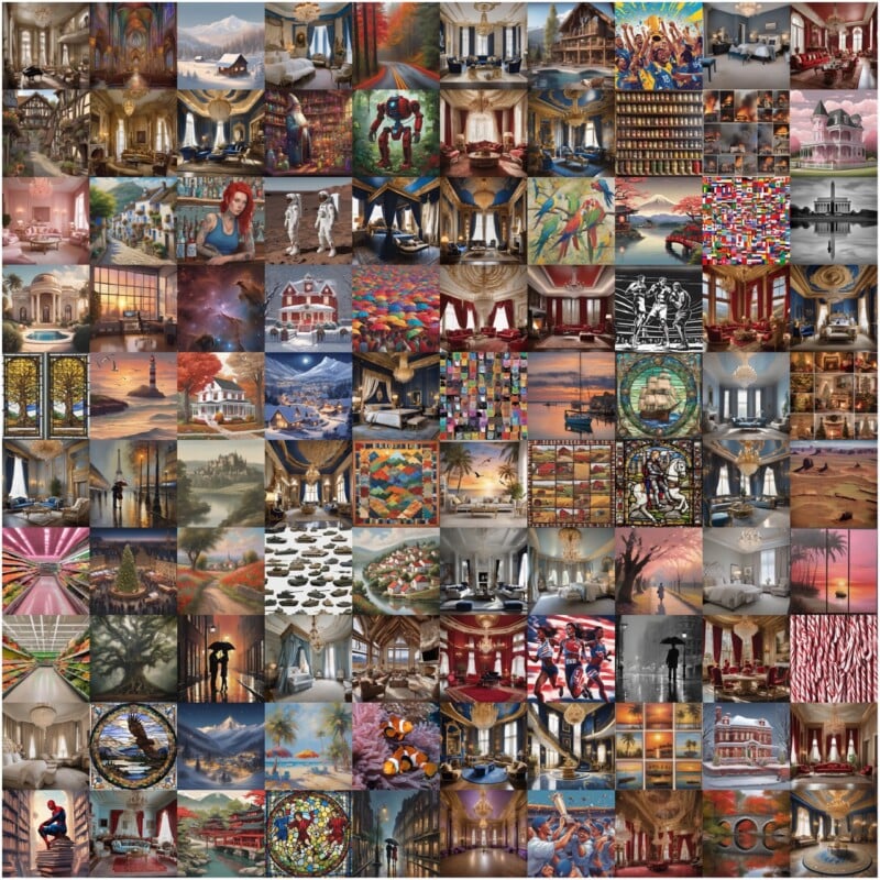 A collage of 81 square images, each showing detailed, colorful scenes including interiors, nature, abstract art, people, and animals, arranged in a 9-by-9 grid. Each square features a unique artistic style and subject.