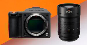 A Hasselblad mirrorless camera body is shown next to a detachable XCD 35-100mm camera lens, both displayed against an orange and white gradient background.