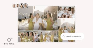 A wedding photo gallery interface shows thumbnails of bridesmaids in yellow dresses and a bride in white, with a search bar, user profile icons, and the Pic-Time logo in the corner.
