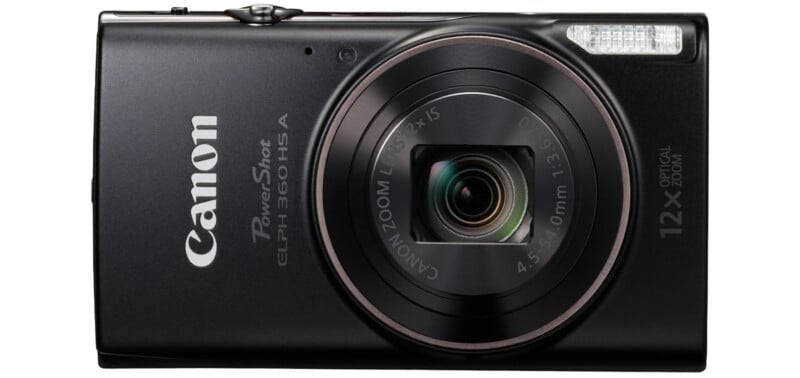 A black Canon PowerShot ELPH 360 HS digital camera shown from the front, featuring a large lens, a flash in the upper right corner, and the Canon logo on the left side.